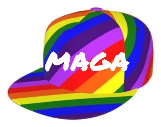 The real MAGA cap — bold rainbow stripes with white MAGA lettering, designed by Pseudo Nym